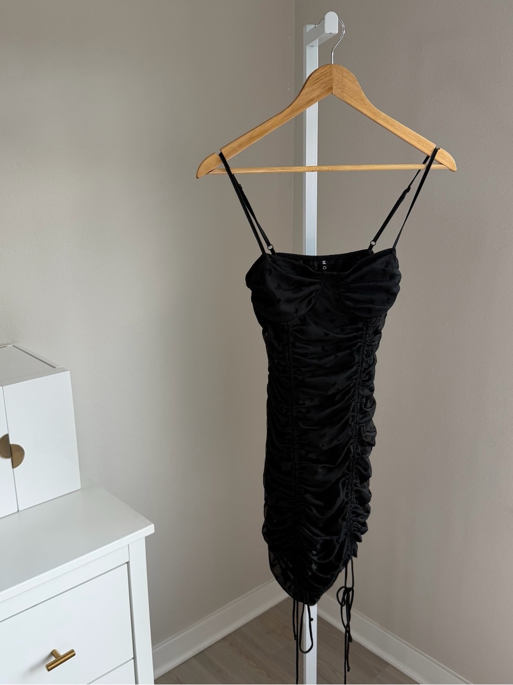 Motel Rocks Black Ruched Mini Dress with Spaghetti Straps